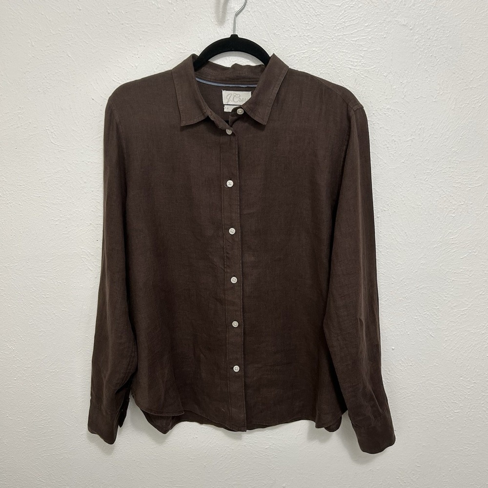J.Crew Shirt Women's Sz 12 Chocolate Brown Slim Fit 100% Linen Minimalist Preppy